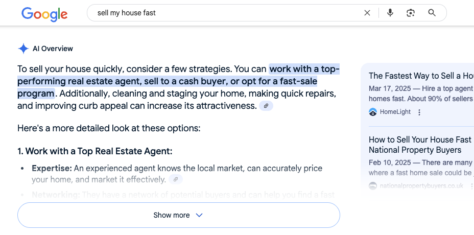 Screenshots showing Google's AI overviews for a search of "sell my house fast". 