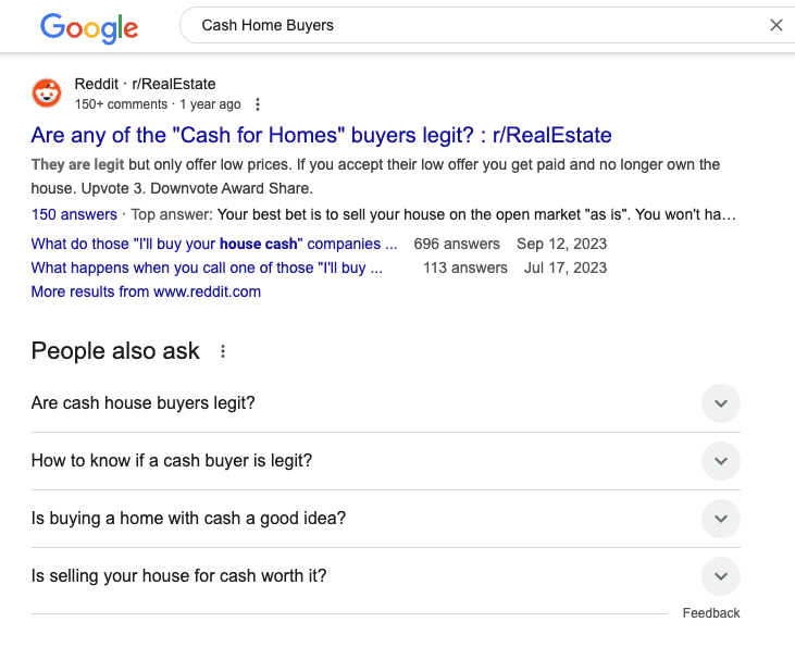 Screenshot showing Reddit forum answers in the Google search results. 