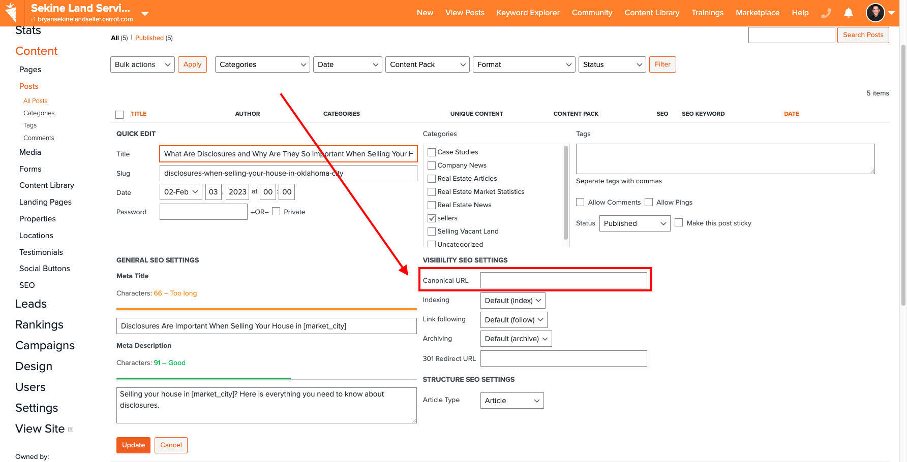 Carrot's real estate investor website showing how to add a canonical tag to a post that is causing keyword cannibalization with another post.