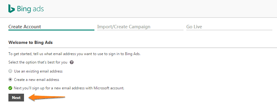 create a bing ads account step 4