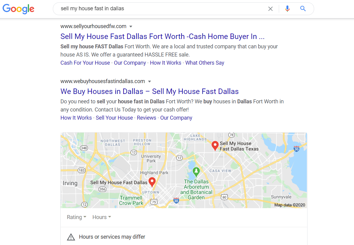Google search for sell my house fast in Dallas