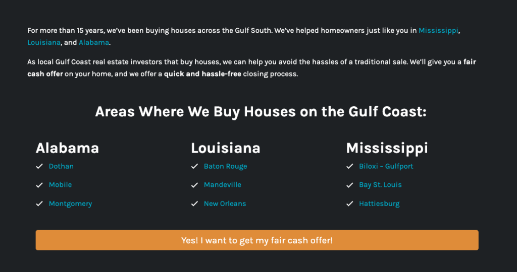 Example of an "Areas We Serve" section on a Carrot website homepage