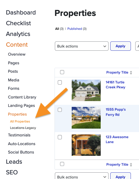 screenshot of where to find Properties in the Carrot dashboard 