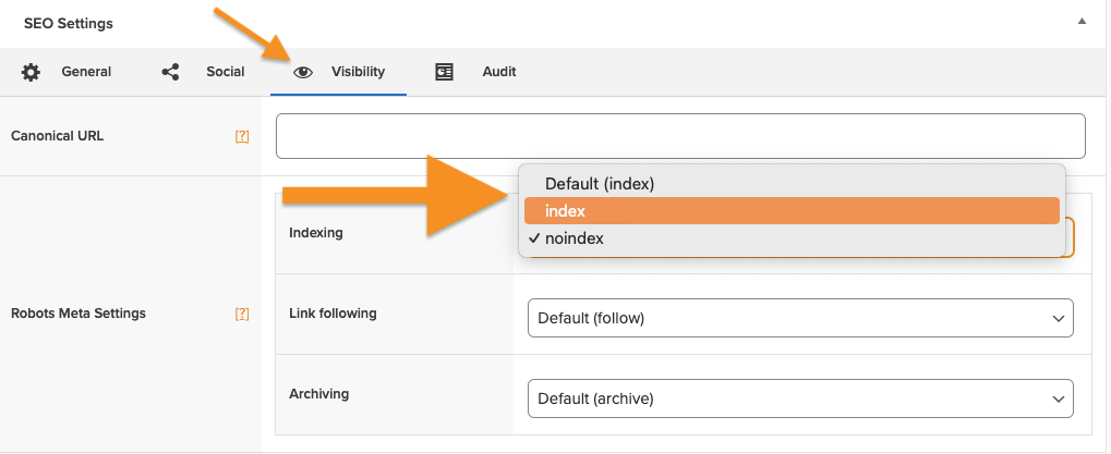 Screenshot of the visibility tab in the SEO settings tool.