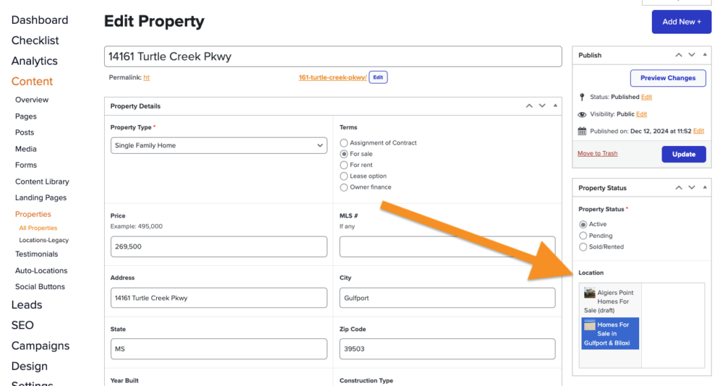 How to select a location-legacy page to feature a property on 