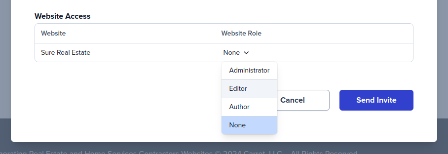 screenshot showing how to change the website access for a user in Carrot's account level user management